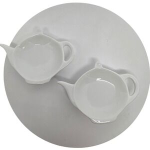 Set of 2 White Ceramic Teapot Shaped Tea Bag Holders Dish Trays Tea Party